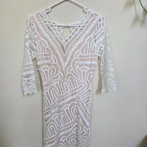 Women's White Lice Midi Dress V Neck Bridal Size S